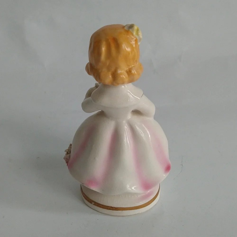 Vintage Spaghetti Girl Figurine Yellow Flowers Pink Dress Ceramic Japan